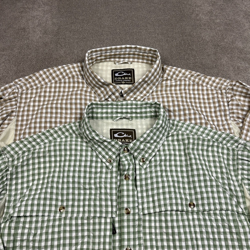 2 Drake Performance Fishing Shirts XL Button Down Vented Gingham Seersucker